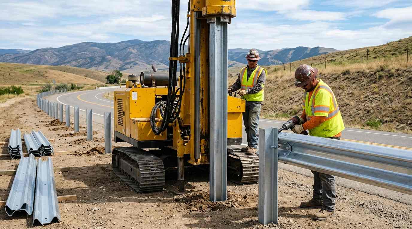 driving a single post &rarr; bolting the guardrail beam