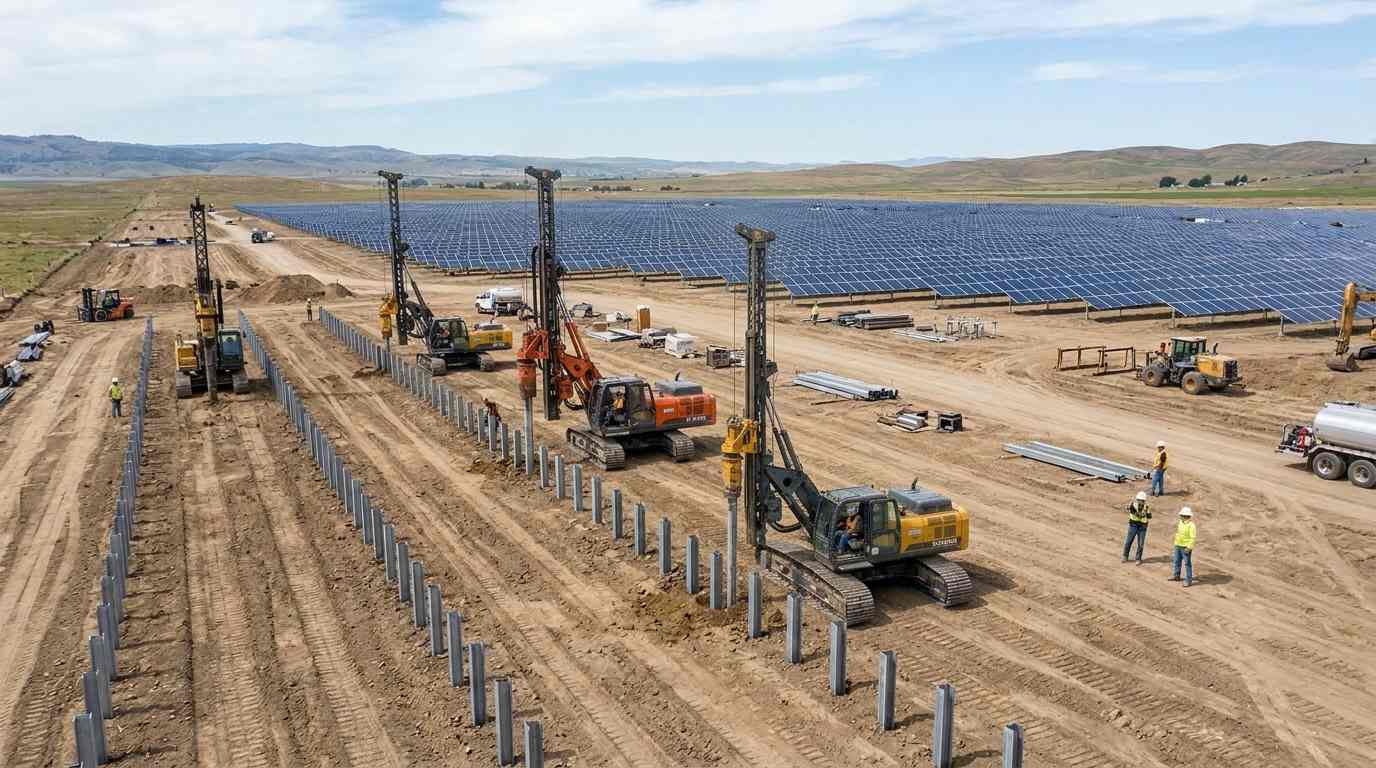 Pile drivers for solar panel foundations at work on a utility-scale PV installation